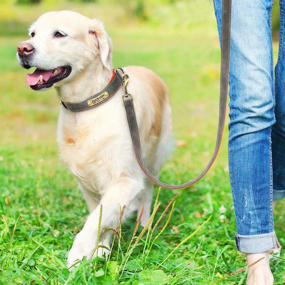 Customized Leather Dog Collar Leash Set