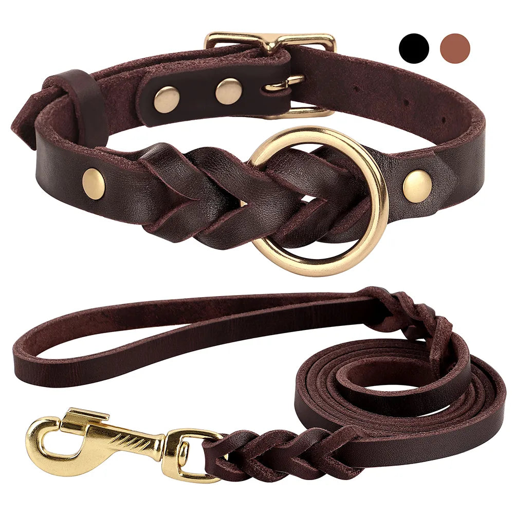 Genuine Durable Leather Dog Collar Leash Set